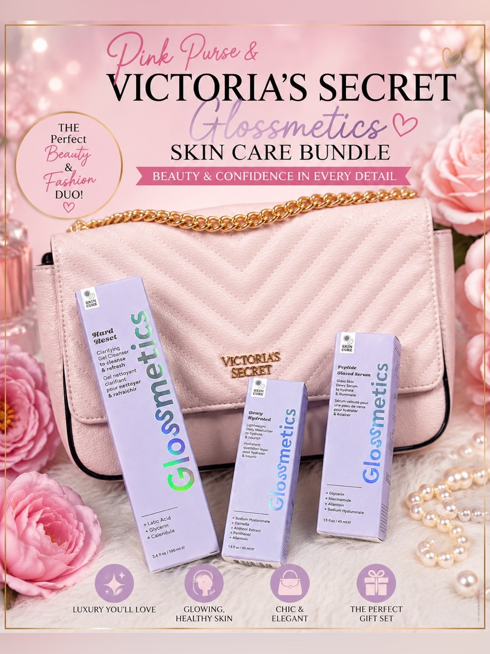 Victoria's Secret Pink Quilted Purse with Glossmetics Skincare Trio
